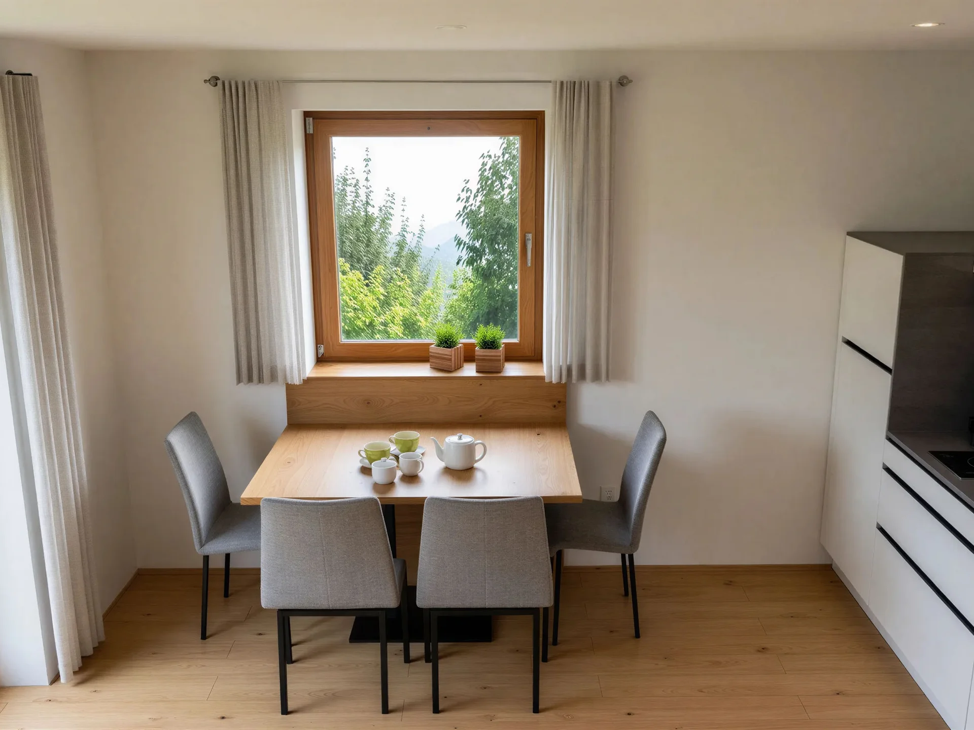 Ferienwohnung am Ritten: Armonia, Hof mit Musik Essbereich mit Holztisch, vier Stühlen und Teeservice vor einem Fenster mit Blick ins Grüne